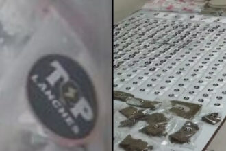 Foram apreendidas embalagens de drogas e mochilas com o nome da falsa lanchonete