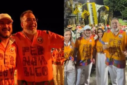O prefeito de Belford Roxo, Márcio Canella, e o presidente nacional do União Brasil, Antonio Rueda, em desfile na Sapucaí