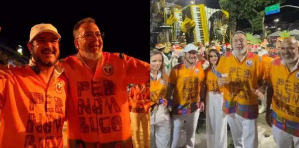 O prefeito de Belford Roxo, Márcio Canella, e o presidente nacional do União Brasil, Antonio Rueda, em desfile na Sapucaí
