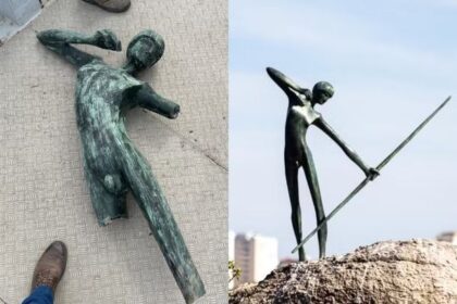 Após dois meses e meio em restauração, a escultura Curumim voltou nesta sexta-feira (19) à Lagoa