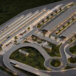 Perspectiva eletrônica do projeto do Terminal Missões, do BRT Metropolitano, mostrando as plataformas de embarque, áreas de circulação de ônibus e acessos previstos para integrar o Rio de Janeiro à Baixada Fluminense.