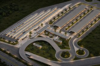 Perspectiva eletrônica do projeto do Terminal Missões, do BRT Metropolitano, mostrando as plataformas de embarque, áreas de circulação de ônibus e acessos previstos para integrar o Rio de Janeiro à Baixada Fluminense.