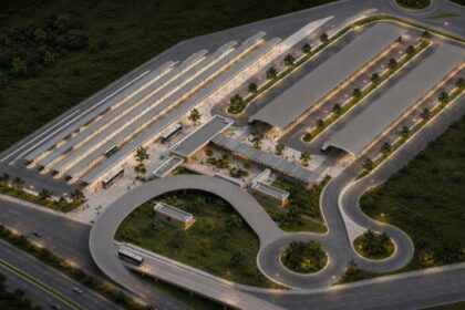 Perspectiva eletrônica do projeto do Terminal Missões, do BRT Metropolitano, mostrando as plataformas de embarque, áreas de circulação de ônibus e acessos previstos para integrar o Rio de Janeiro à Baixada Fluminense.