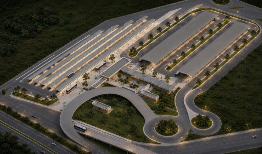 Perspectiva eletrônica do projeto do Terminal Missões, do BRT Metropolitano, mostrando as plataformas de embarque, áreas de circulação de ônibus e acessos previstos para integrar o Rio de Janeiro à Baixada Fluminense.