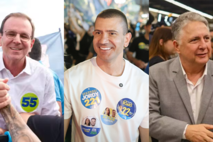 Montagem reúne Eduardo Paes, Douglas Ruas e Anthony Garotinho, os três primeiros colocados na pesquisa Datafolha para o Governo do Rio.