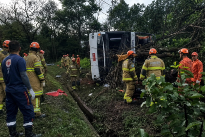 Bombeiros e socorristas trabalham ao redor de um ônibus tombado em uma área de mata às margens da BR-040, em Petrópolis.