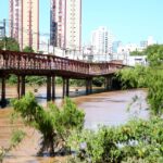 Ponte Barcelos Martins atravessa o Rio Paraíba do Sul, com vegetação nas margens e prédios de Campos ao fundo.