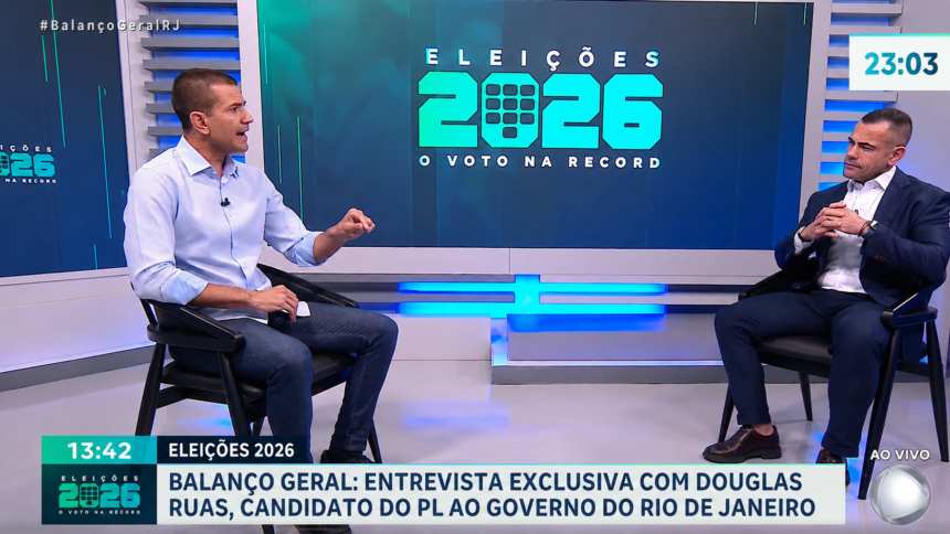 Douglas Ruas durante sabatina da TV Record sobre as eleições de 2026.