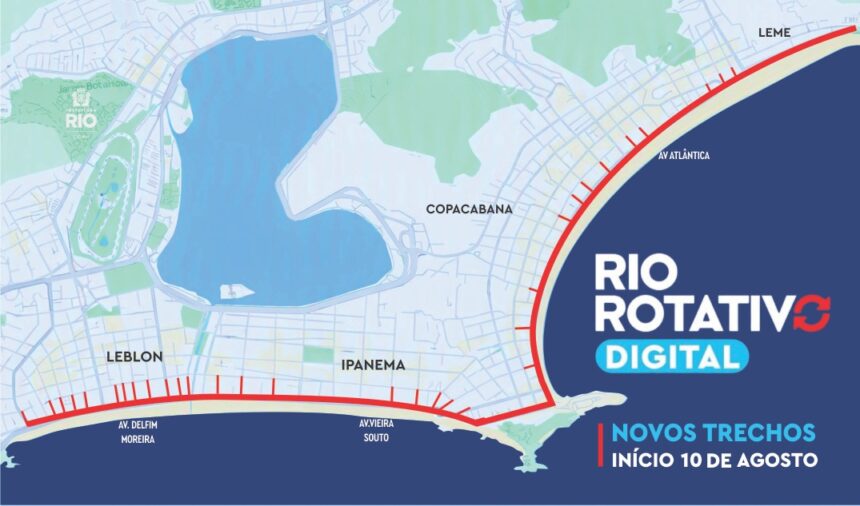 Mapa mostra os novos trechos do Rio Rotativo Digital na orla do Leme, de Copacabana, Ipanema e Leblon.