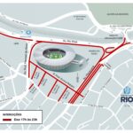 Mapa da CET-Rio mostra em vermelho as vias interditadas das 17h às 23h no entorno do Maracanã.