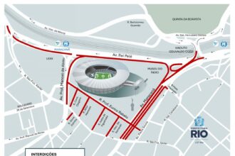 Mapa da CET-Rio mostra em vermelho as vias interditadas das 17h às 23h no entorno do Maracanã.