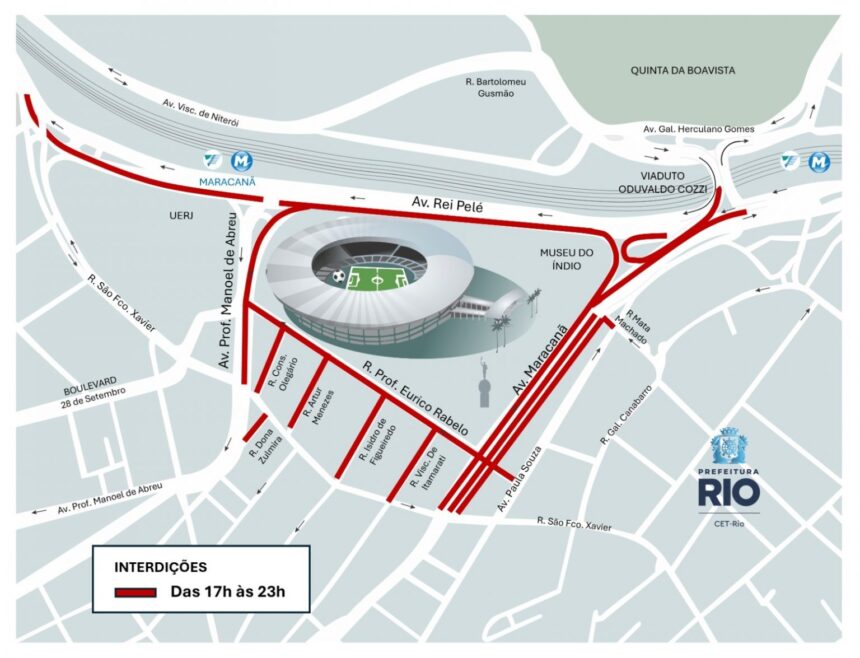 Mapa da CET-Rio mostra em vermelho as vias interditadas das 17h às 23h no entorno do Maracanã.