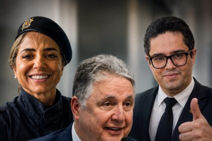 Montagem mostra Anthony Garotinho ao centro, Elaine Gonçalves à esquerda e Victor Travancas à direita.
