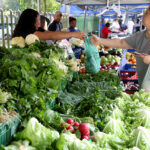 Mulher entrega uma sacola de produtos a uma cliente em banca de feira com verduras, legumes e frutas.