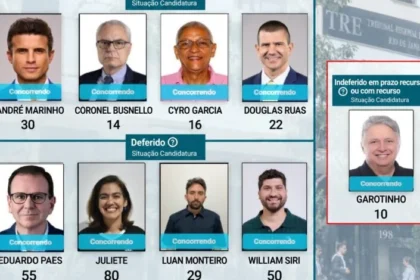 Montagem apresenta os nove candidatos ao Governo do Rio e indica o registro de Garotinho como indeferido em prazo recursal.