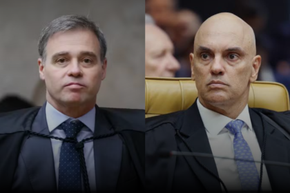 Montagem reúne os ministros do STF André Mendonça, à esquerda, e Alexandre de Moraes, à direita.