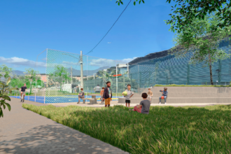 Projeção do novo parque linear da Maré com quadra esportiva, ciclovia, área verde e espaços de convivência.