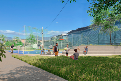 Projeção do novo parque linear da Maré com quadra esportiva, ciclovia, área verde e espaços de convivência.