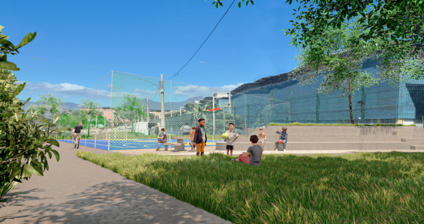 Projeção do novo parque linear da Maré com quadra esportiva, ciclovia, área verde e espaços de convivência.